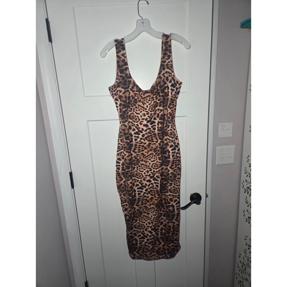 Naked Wardrobe Leopard Print Bodycon Midi Dress Brown Tan Animal Print